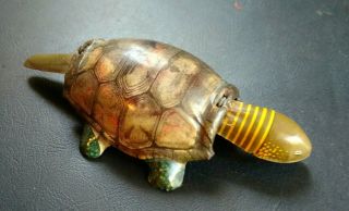 Vintage Old Tin Litho Toy Bobble Head Turtle And Tail From Estate 5.  5 " Long