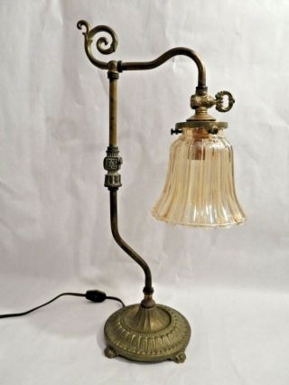 Vintage Bridge Arm Table Lamp W/glass Shade 15 "