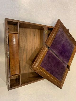 Antique Wood Velvet Travel Writing Sloping Lap Desk Document Box Case