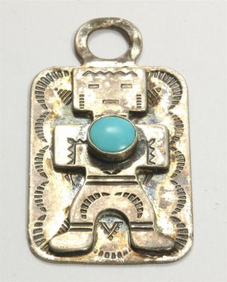 Vintage Navajo Sterling Silver Harvey Stamped Turquoise Figural Fob Tag Pendant