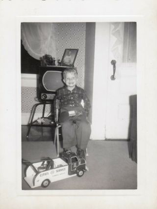 Vintage Photo Cute Little Boy With Toy Truck Sitting By Antique Tv Television