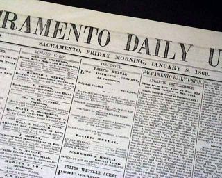 Rare Sacramento Ca Capital Of California Old West Era 1869 Newspaper