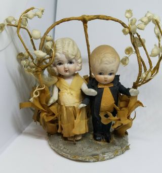 Antique Cake Topper Bisque Porcelain Kewpie Bride And Groom Figurines On Altar