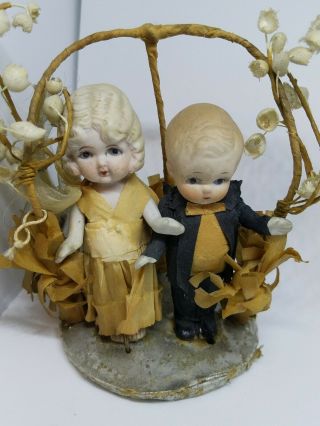 Antique Cake Topper Bisque Porcelain Kewpie Bride and Groom Figurines On Altar 3