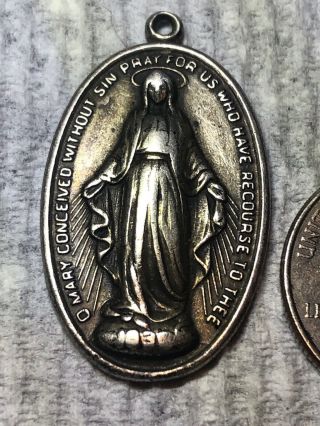 Vintage Sterling Silver Medal Catholic Pendant Miraculous Mary Virgin Mother
