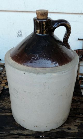 Antique Stoneware Whiskey Jug Two Tone Brown Salt Glazed 2 Gallon 2gals