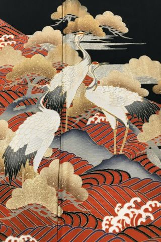 @@japanese Antique Kimono/ Tomesode Black Silk Fabric/ Crane P.  Embroidery F71