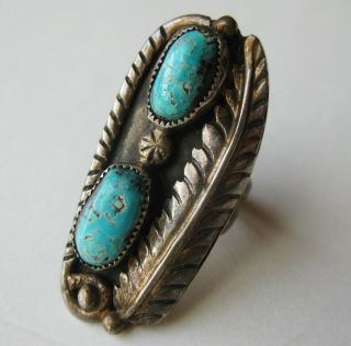 Vintage Old Navajo Indian Sterling Silver Turquoise Feather Cluster Ring 5 1/4