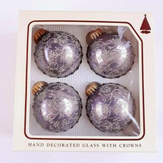Vintage Krebs Purple Glass Ball Christmas Ornaments Silver Glitter Box Of 4