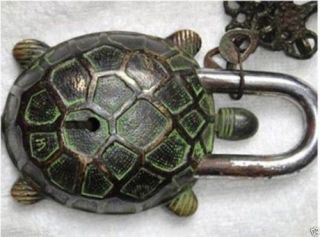 Rare Chinese Old Style Big Brass Carved Turtle Lock With 2 Keys