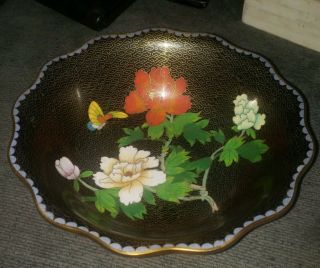 Vintage Chinese Jingfa Cloisonne Bowl Black Flowers Butterfly 8.  5 " Enameled