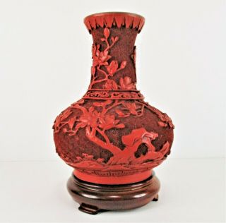 Antique Chinese Cinnabar Vase With Wood Stand
