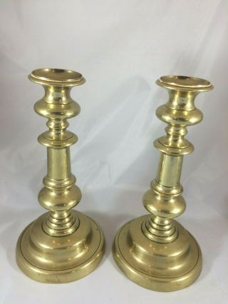 Pair Brass Queen Anne Candlestick Holders Beehive Push - Up Antique 19th C.  9 " H