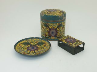 Chinese Imperial Yellow Ground Cloisonne Box,  Plate & Match Holder
