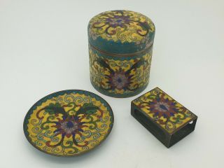 CHINESE IMPERIAL YELLOW GROUND CLOISONNE BOX,  PLATE & MATCH HOLDER 2