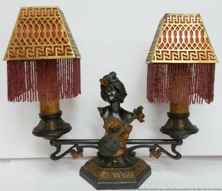 Antique Art Nouveau Homeric Bronze Lady Cigale W Mandolin Figural 2 Light Lamp