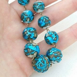 Antique Art Deco Venetian Murano Blue Foil Fat Lava Beads Necklace Rare Vintage