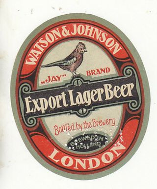 Holland Beer Label.  Export Lager Beer Jay Brand,  London