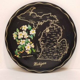 Vintage Michigan State Map Land Plate Platter Black Gold Apple Blossoms