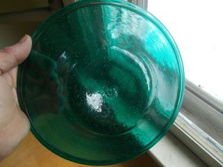 Teal Green Crude Pontiled Hand Blown Glass Bowl 9 1/4 " Full Of Bubbles