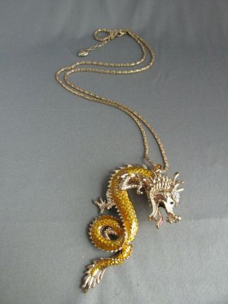 Vintage Betsey Johnson Gold Tone Black White Figural Dragon Pendant Necklace