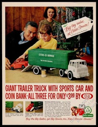 1963 Cities Service Gas Toy Trailer Truck Car Bank Photo Xmas Vintage Print Ad