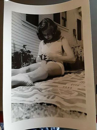 Vintage Photo Young Woman In Bathing Suit Sitting In Yard