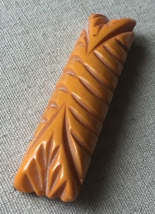 Vintage Bakelite Butterscotch Deep Carved Bar Leaves C Clasp Pin Brooch 2 3/4 "