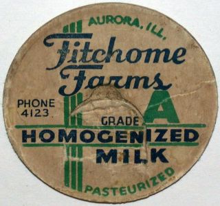 Vintage Milk Bottle Cap Fitchome Farms Phone 4123 Aurora Illinois