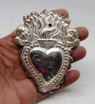 Antique Old Sacred Heart Jesus Ex Voto Miracle 2 Angels Sterling Silver 925 Z - 6