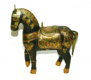 Vintage Wooden Carved Horse With Brass And Copper Inlay