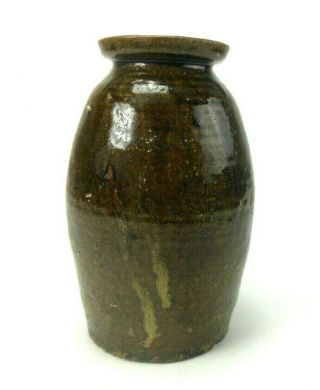 19th Century Antique Crock Jar Hand Turned Stoneware 8 3/4 " Tobacco Glaze