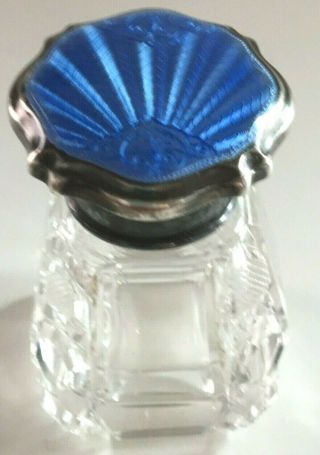 Antique Cut Glass Perfume Bottle W Dauber Sterling Silver Blue Enamel Guilloche