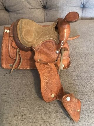 Miniature Leather Horse Saddle Child - Toy - Tooled - Vintage (?)
