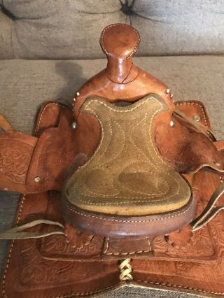 Miniature Leather Horse Saddle Child - Toy - Tooled - Vintage (?) 3