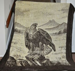 Vtg San Marcos Eagle Blanket Extra Large 76 " X99 " American Eagle Brown Cream Mex