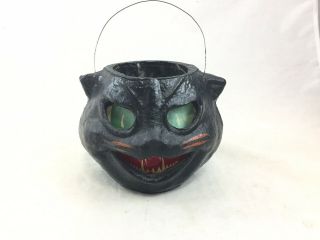 Vintage Paper Mache Black Cat Jack - O - Lantern With Insert Halloween