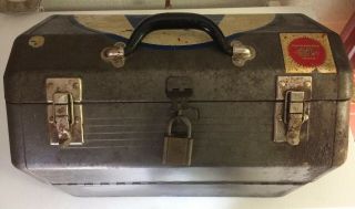 Vintage Metal Dome Top Tool Box With 4 Fold Out Trays And Dividers.  Has Rust