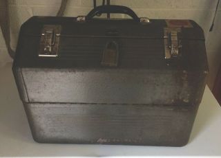 VINTAGE METAL DOME TOP TOOL BOX WITH 4 FOLD OUT TRAYS AND DIVIDERS.  HAS RUST 2