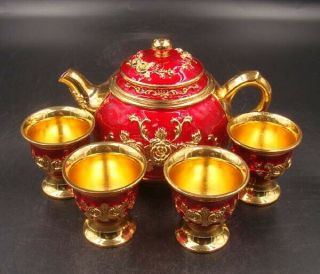 A Set Collectible Handmade Brass Gilt Cloisonne Teapot Cup Flower