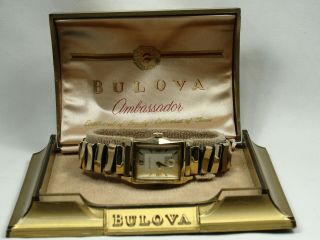 Vtg Bulova Ambassador Wristwatch Orig Box & Case 10kgf Stainless Band