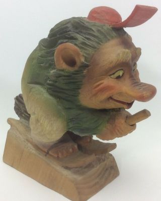 Henning Of Norway Hand Carved Wood Troll With Skis On Broom - 6.  5 " Tall - Glued Hat