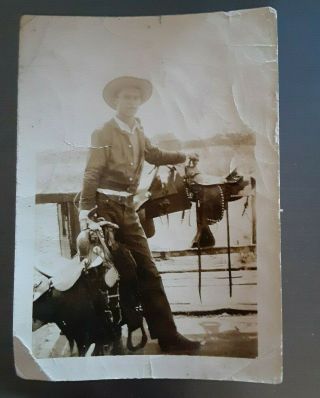 Vintage Photo Western Cowboy With Saddles