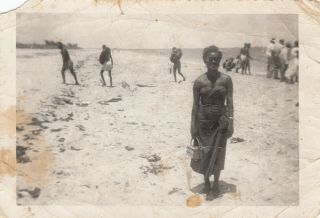 Vintage Photo Pretty Black Girl On Beach In Dress Holding Purse African American