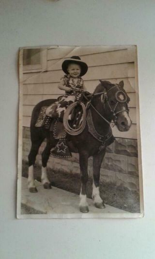 Vintage Photograph Black & White Child Cowboy On A Horse 7 " X10 "