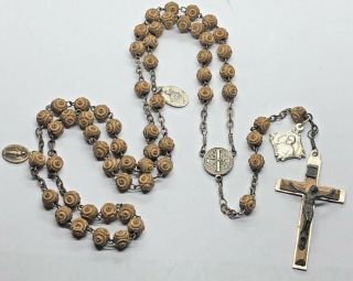 † Antique Carved Olive Wood Beads - Jerusalem Rosary W Terra Santa Relic †