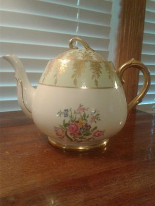 Vintage Windsor Bone China Tea Pot Pink Roses Lime Gold Gilt Made In England