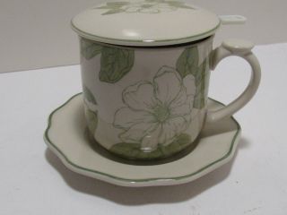 Williamsburg Covered Tea Mug Strainer & Saucer Magnolia Blossom Andrea By Sadek