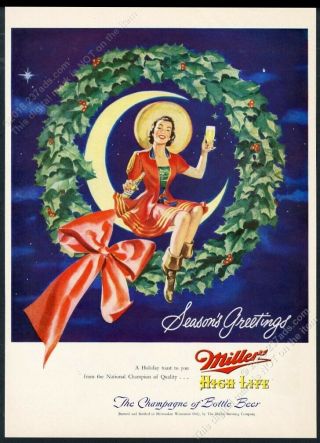 1949 Miller High Life Beer Moon Girl Christmas Wreath Art Vintage Print Ad
