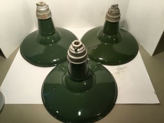 Vintage Benjamin Green Porcelain Enamel Barn Light,  14” Gas Station - Set Of 3